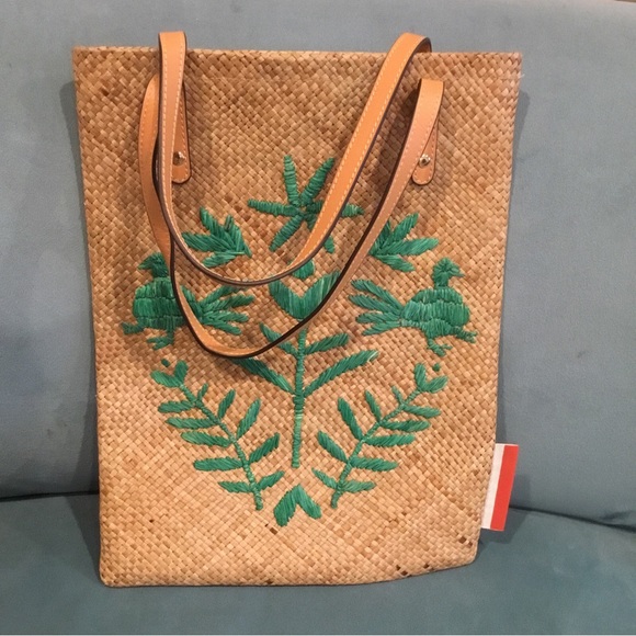 Francis Valentine Natural Straw Green Embroidery Flat Tote NWOT Flower Bag Purse - Picture 2 of 10